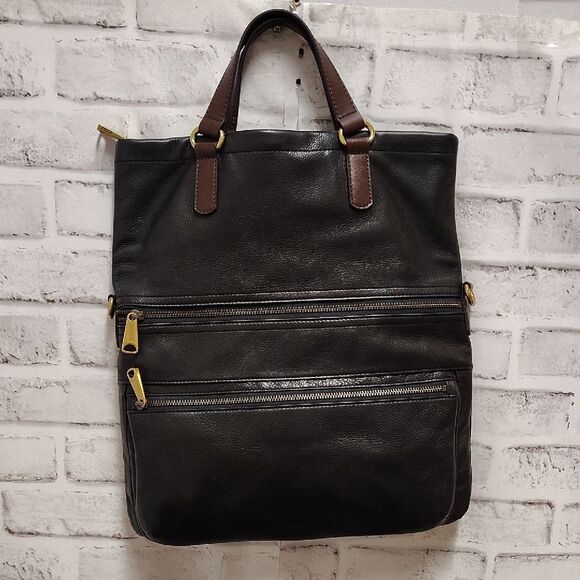 Fossil Black and Brown Leather Briefcase with Gold Accents - Picture 1 of 7